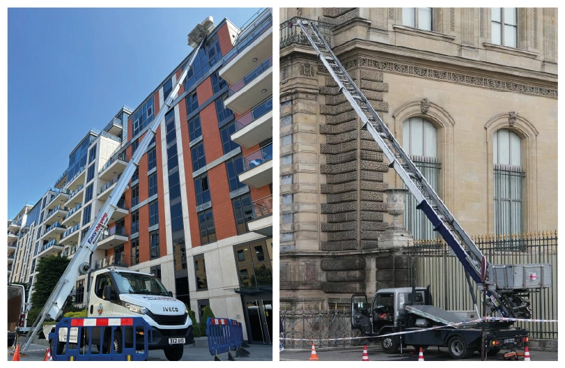 Two Easy Shipping external hoist trucks in operation: one lifting furniture to a high-rise apartment in Londo